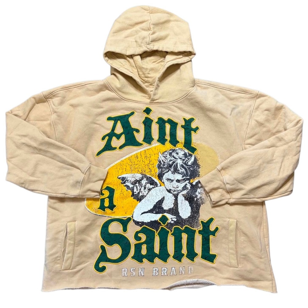 Reason Brand Aint a Saint Cherub Graphic Hoodie Mens Medium Tan Raw Hem‎ FJ24-58